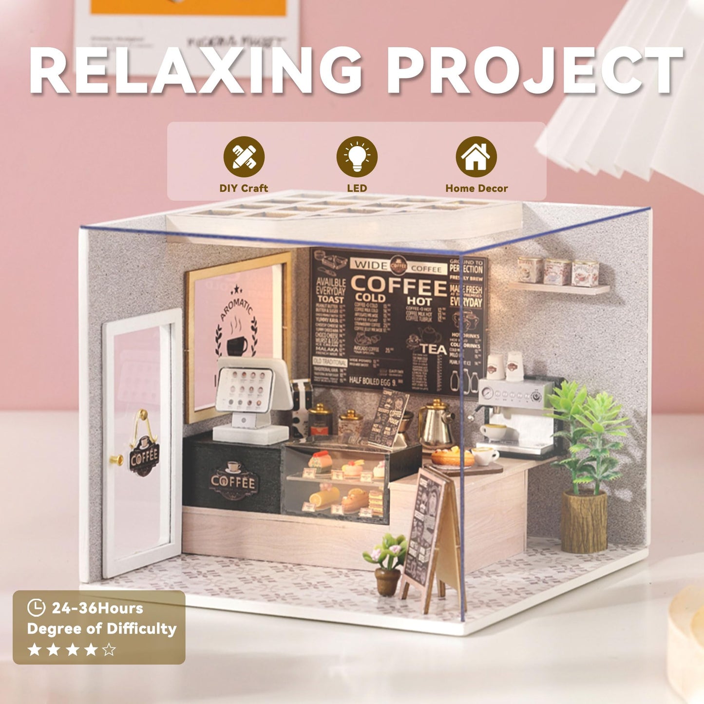 Flever DIY Miniature House Kit with LED Light | Leisurely Coffee Shop Tiny Home Craft for Adults & Teens