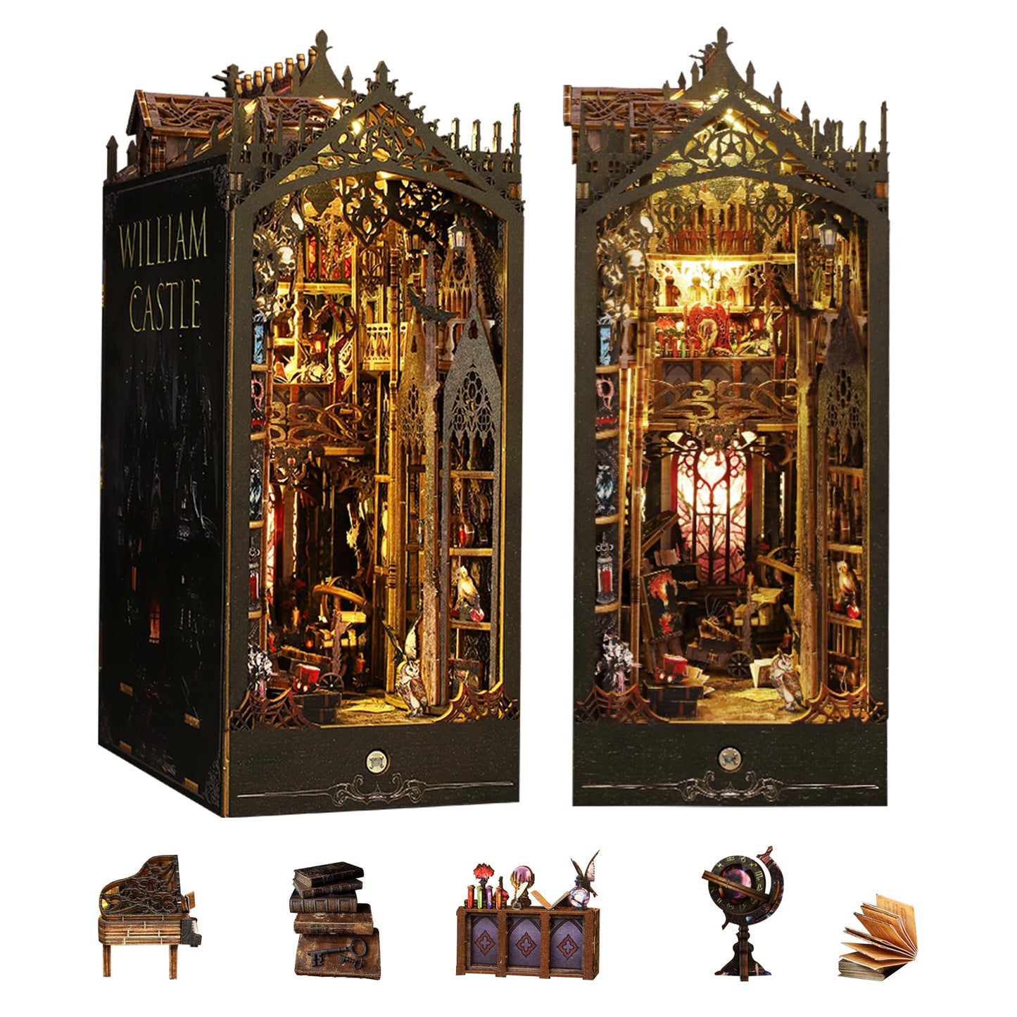 Flever DIY Dollhouse Booknook Kit with LED Light – 3D Wooden Puzzle for Bookshelves (William Castle)