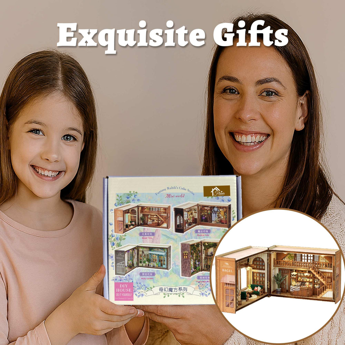 Flever Dollhouse DIY Kit – Romantic Bagel Time Bakery Room with Furniture