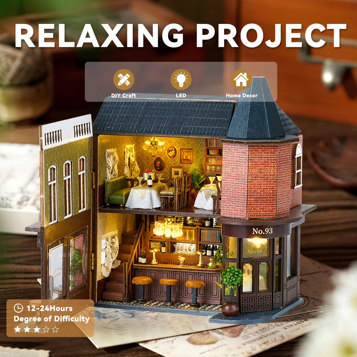 Flever Dollhouse Miniature DIY House Kit – Romantic Corner Restaurant (1:32 Scale)