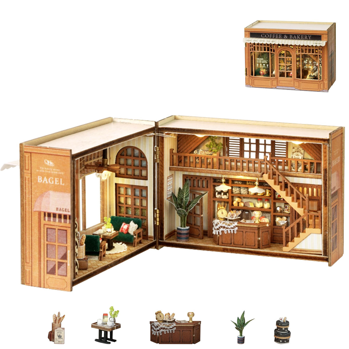 Flever Dollhouse DIY Kit – Romantic Bagel Time Bakery Room with Furniture