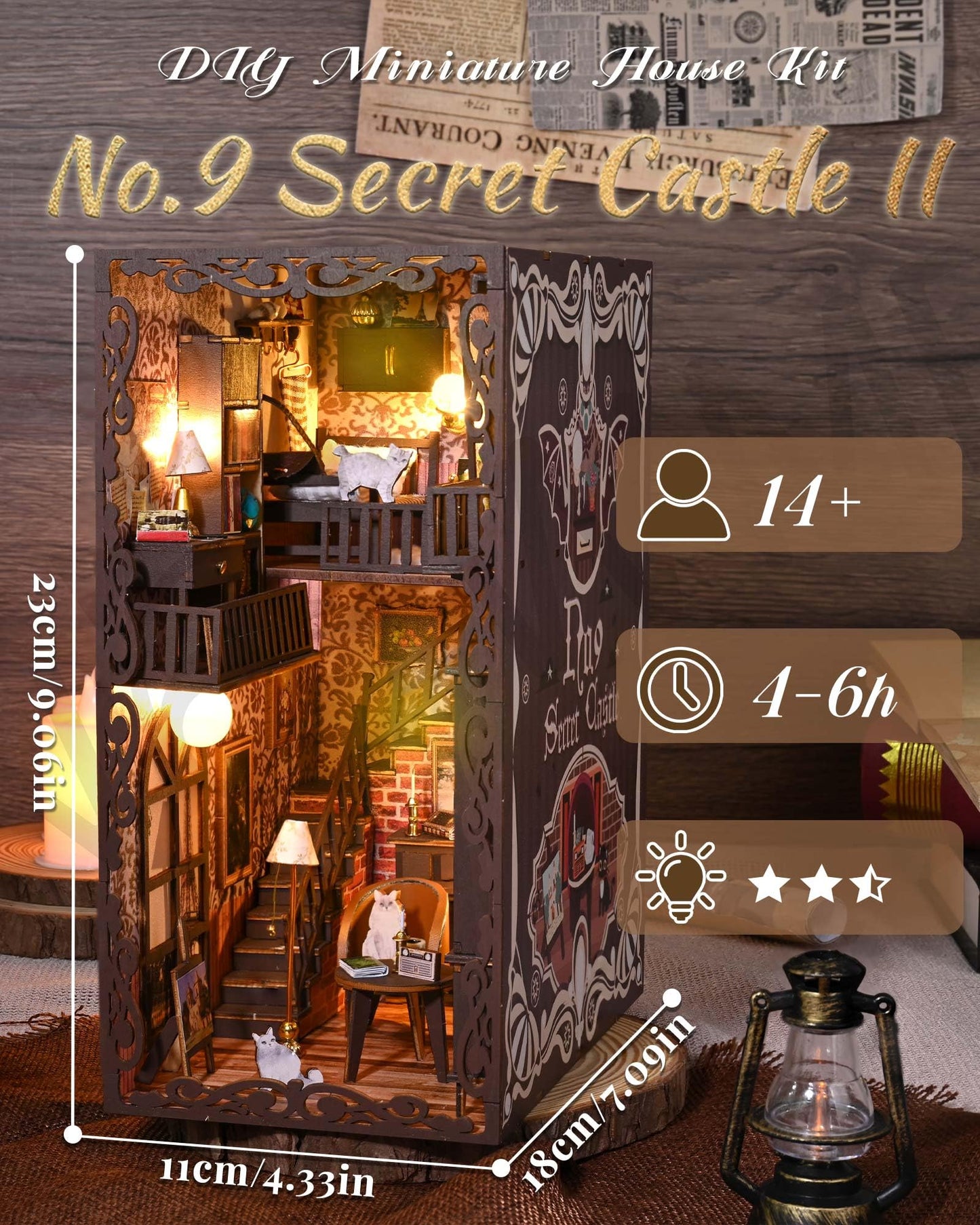 Flever Dollhouse DIY Book Nook Kit – 3D Wooden Puzzle, Bookshelf Decor, No.9 Secret Castle II