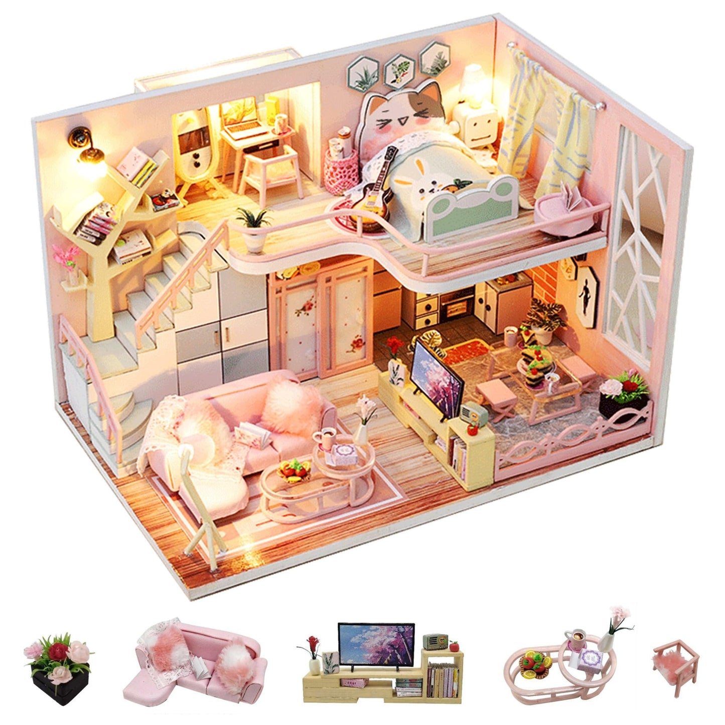 Flever Blossom Stories Dollhouse Kit – DIY Mini House with Furniture, Lights & Music