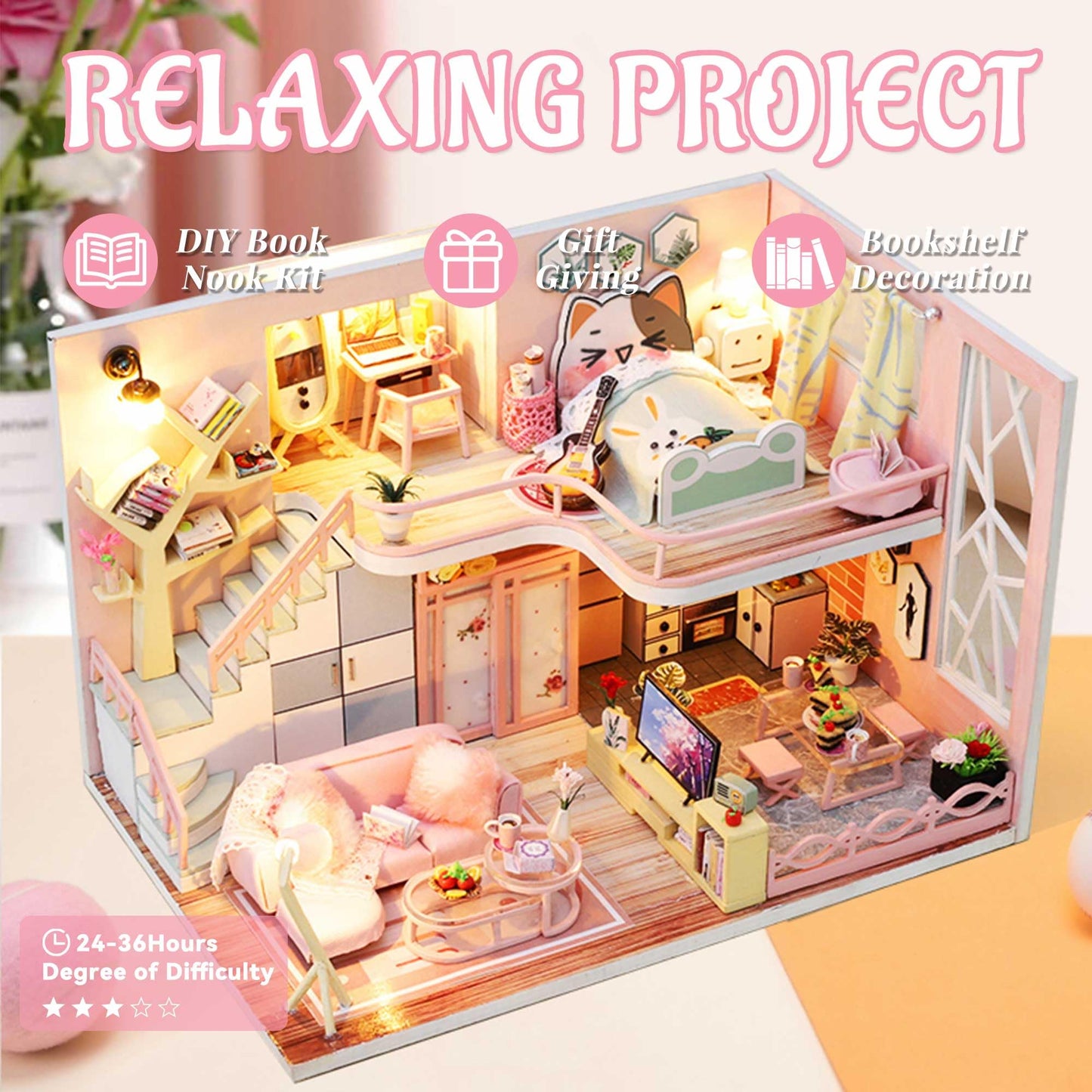 Flever Blossom Stories Dollhouse Kit – DIY Mini House with Furniture, Lights & Music