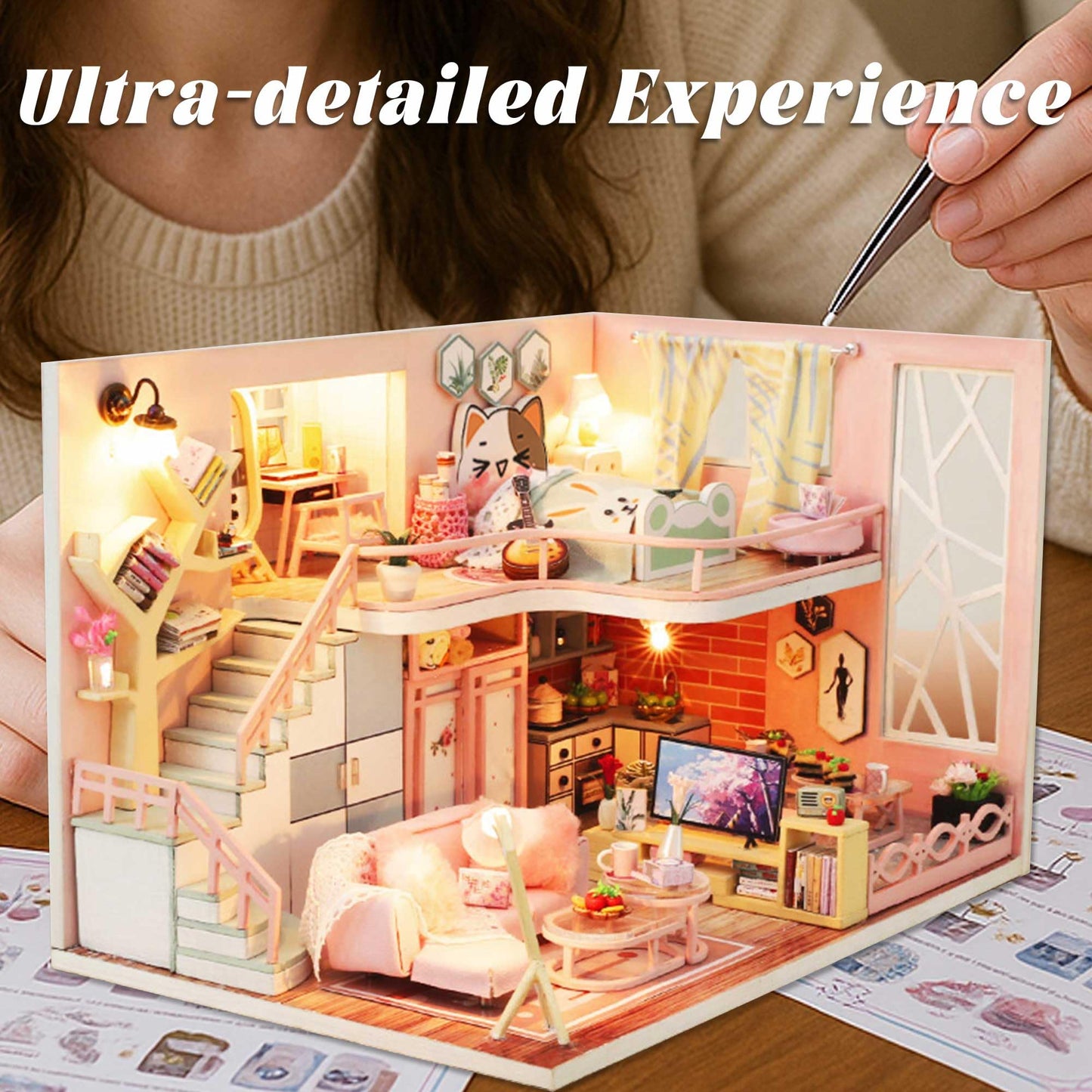 Flever Blossom Stories Dollhouse Kit – DIY Mini House with Furniture, Lights & Music