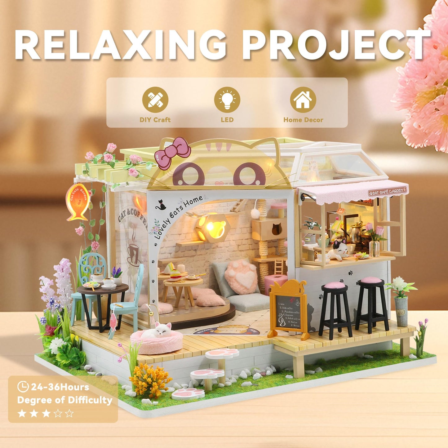 Flever Dollhouse Miniature Kit – Cat Cafe Garden with Furniture | Romantic Gift