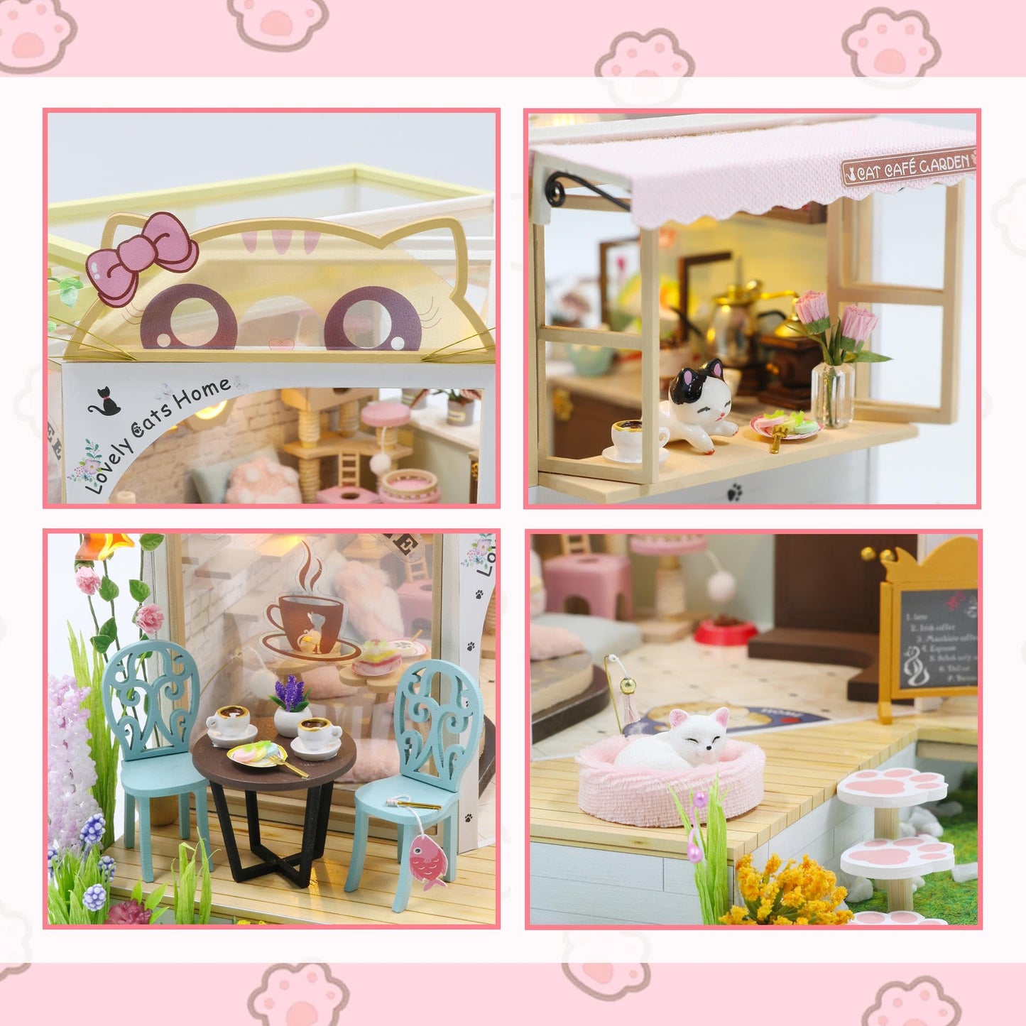 Flever Dollhouse Miniature Kit – Cat Cafe Garden with Furniture | Romantic Gift