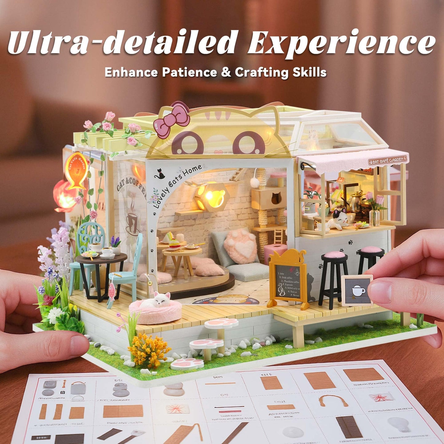 Flever Dollhouse Miniature Kit – Cat Cafe Garden with Furniture | Romantic Gift