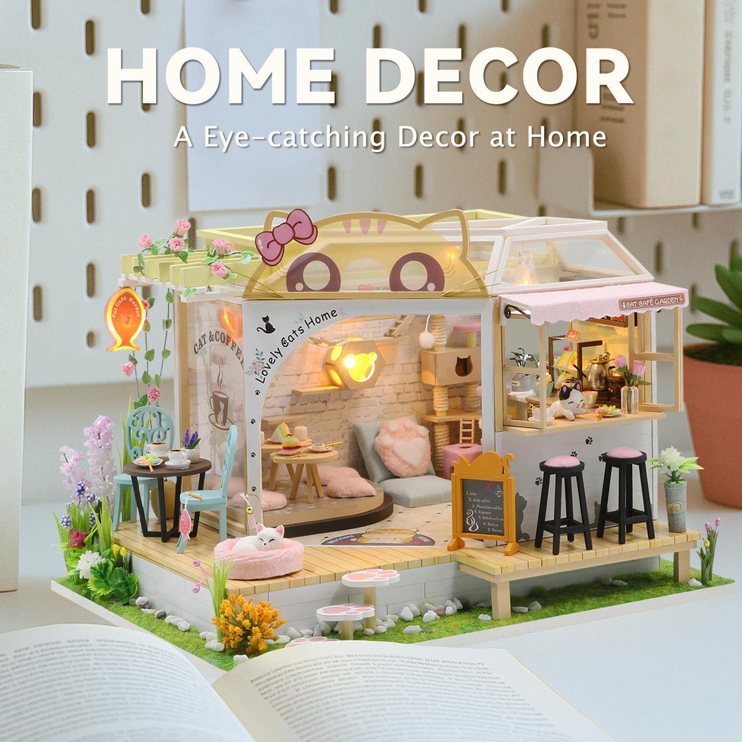 Flever Dollhouse Miniature Kit – Cat Cafe Garden with Furniture | Romantic Gift