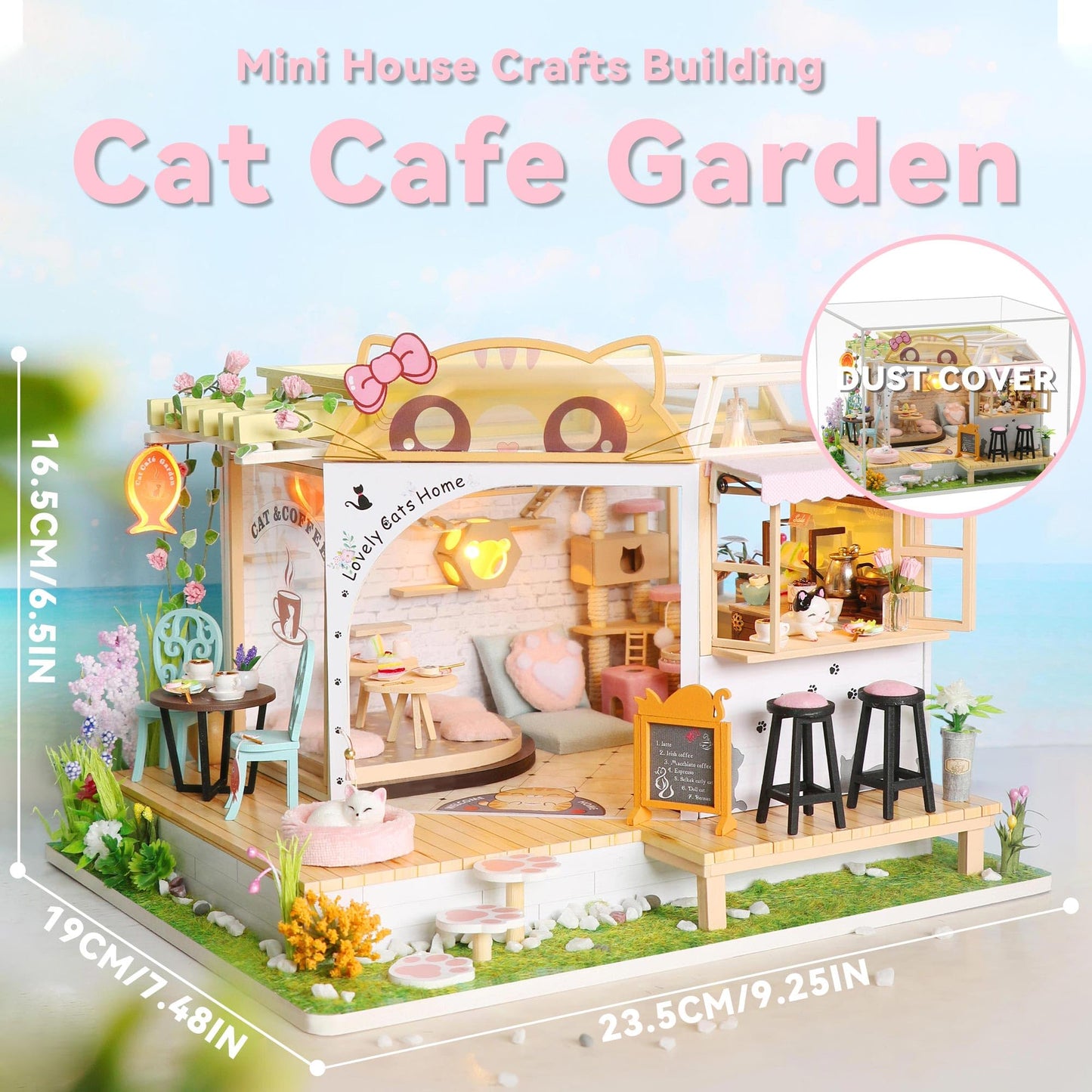 Flever Dollhouse Miniature Kit – Cat Cafe Garden with Furniture | Romantic Gift