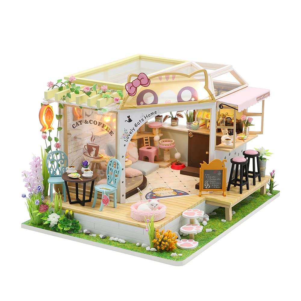 Flever Dollhouse Miniature Kit – Cat Cafe Garden with Furniture | Romantic Gift