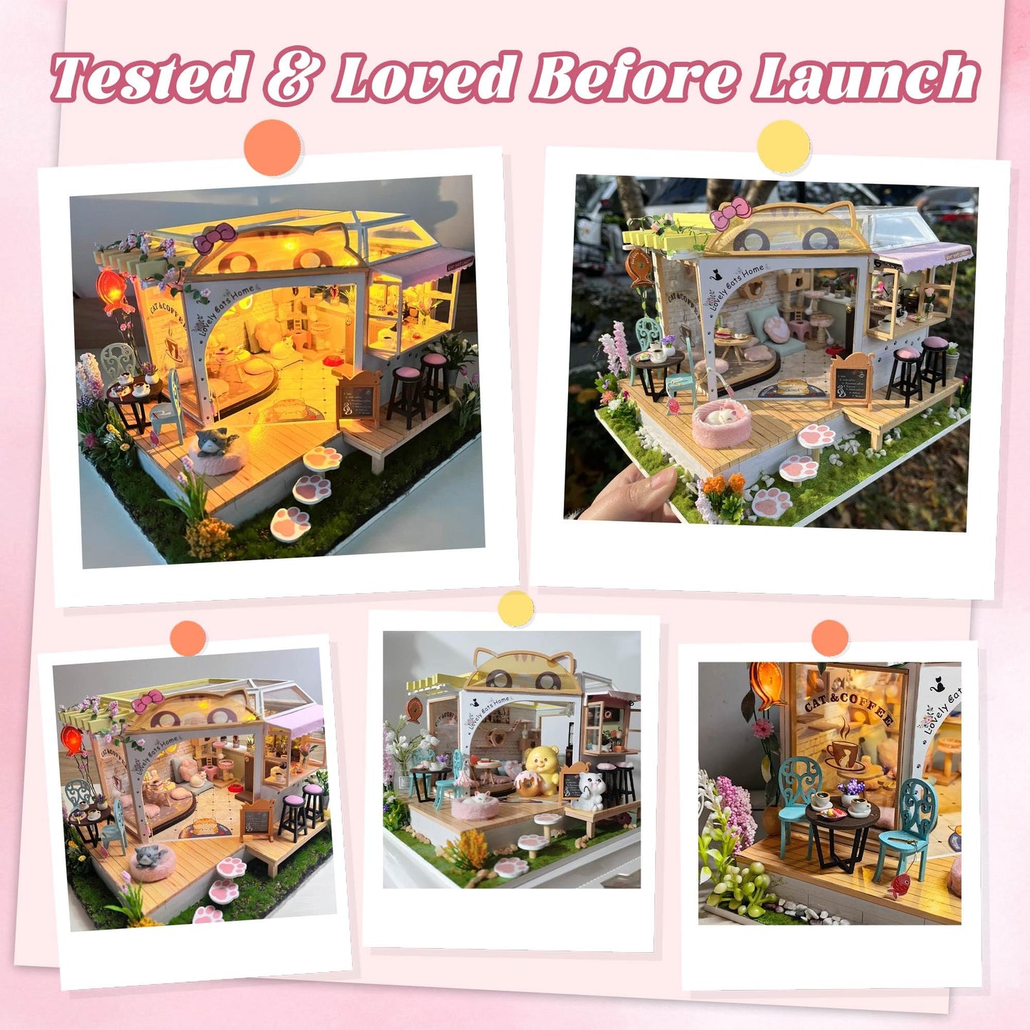 Flever Dollhouse Miniature Kit – Cat Cafe Garden with Furniture | Romantic Gift