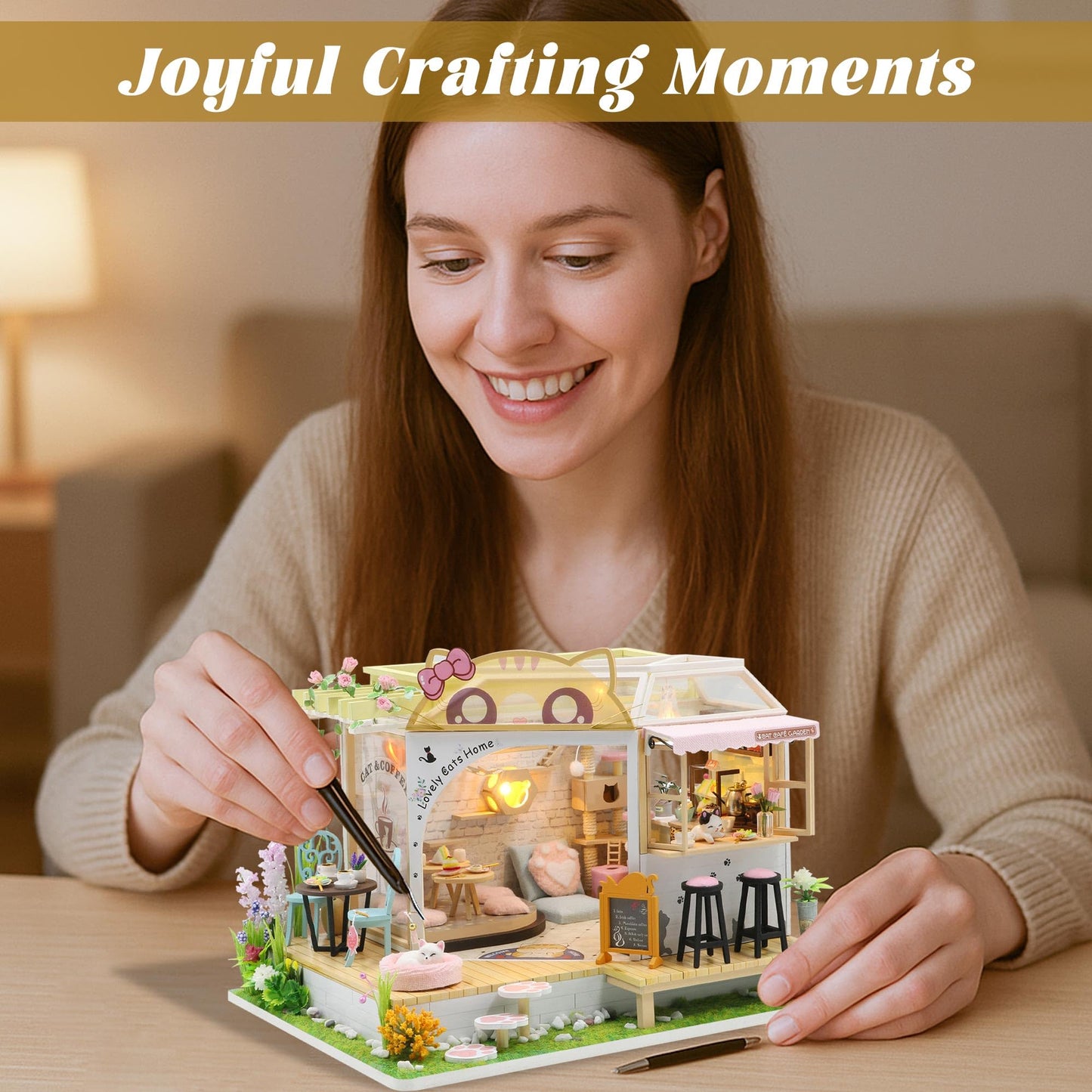 Flever Dollhouse Miniature Kit – Cat Cafe Garden with Furniture | Romantic Gift