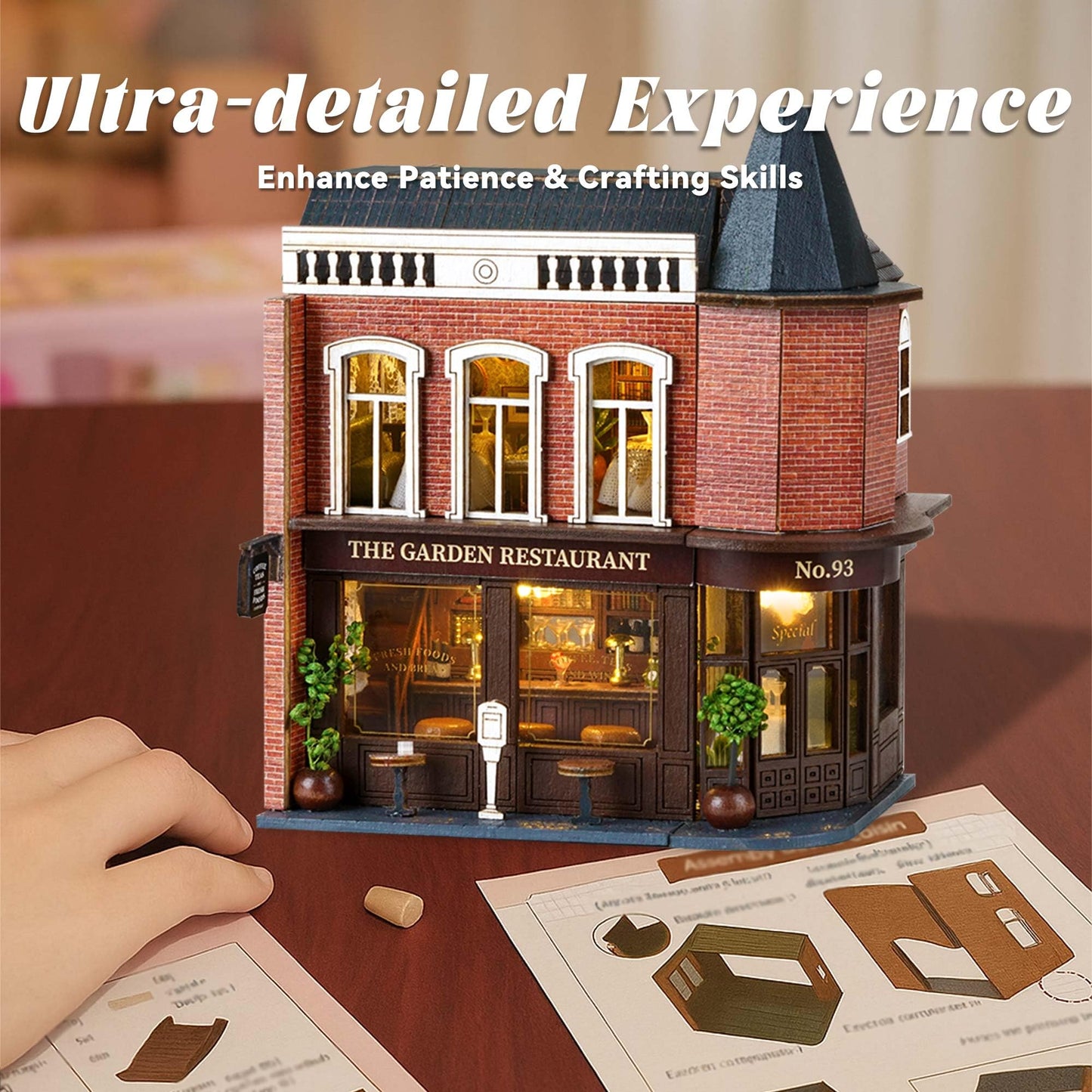 Flever Dollhouse Miniature DIY House Kit – Romantic Corner Restaurant (1:32 Scale)