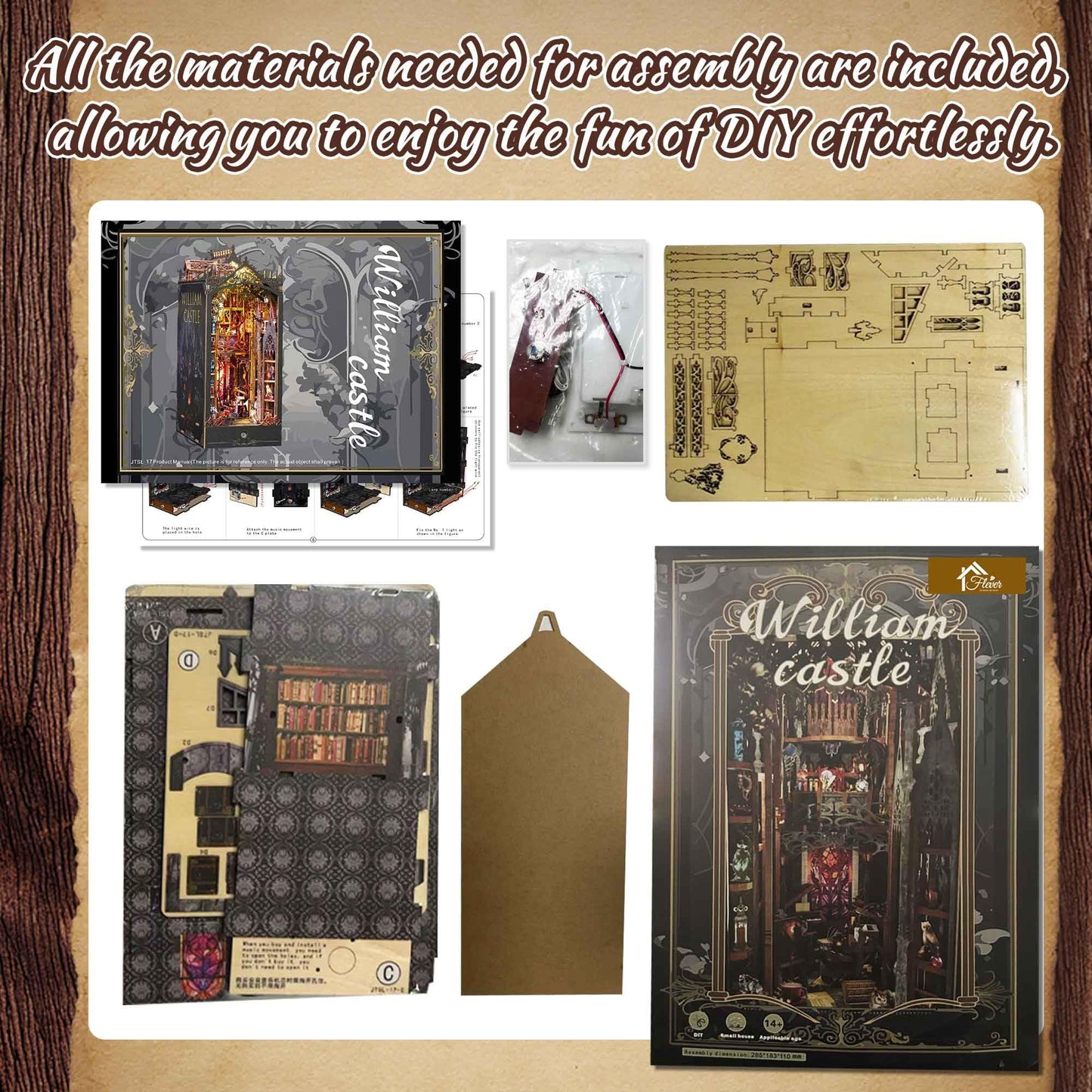 Flever DIY Dollhouse Booknook Kit with LED Light – 3D Wooden Puzzle for Bookshelves (William Castle)