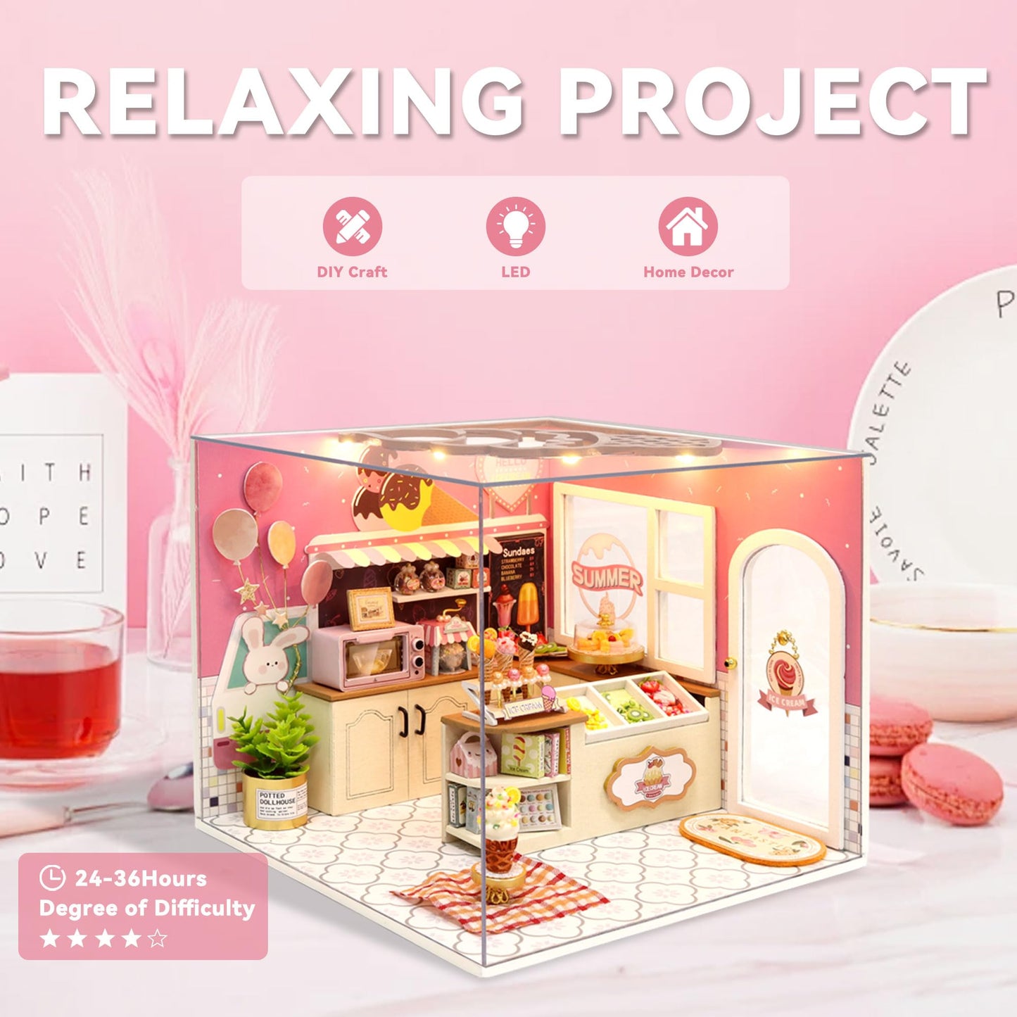 Flever DIY Miniature House Kit with LED Light - Happiness Ice Cream Shop Edition