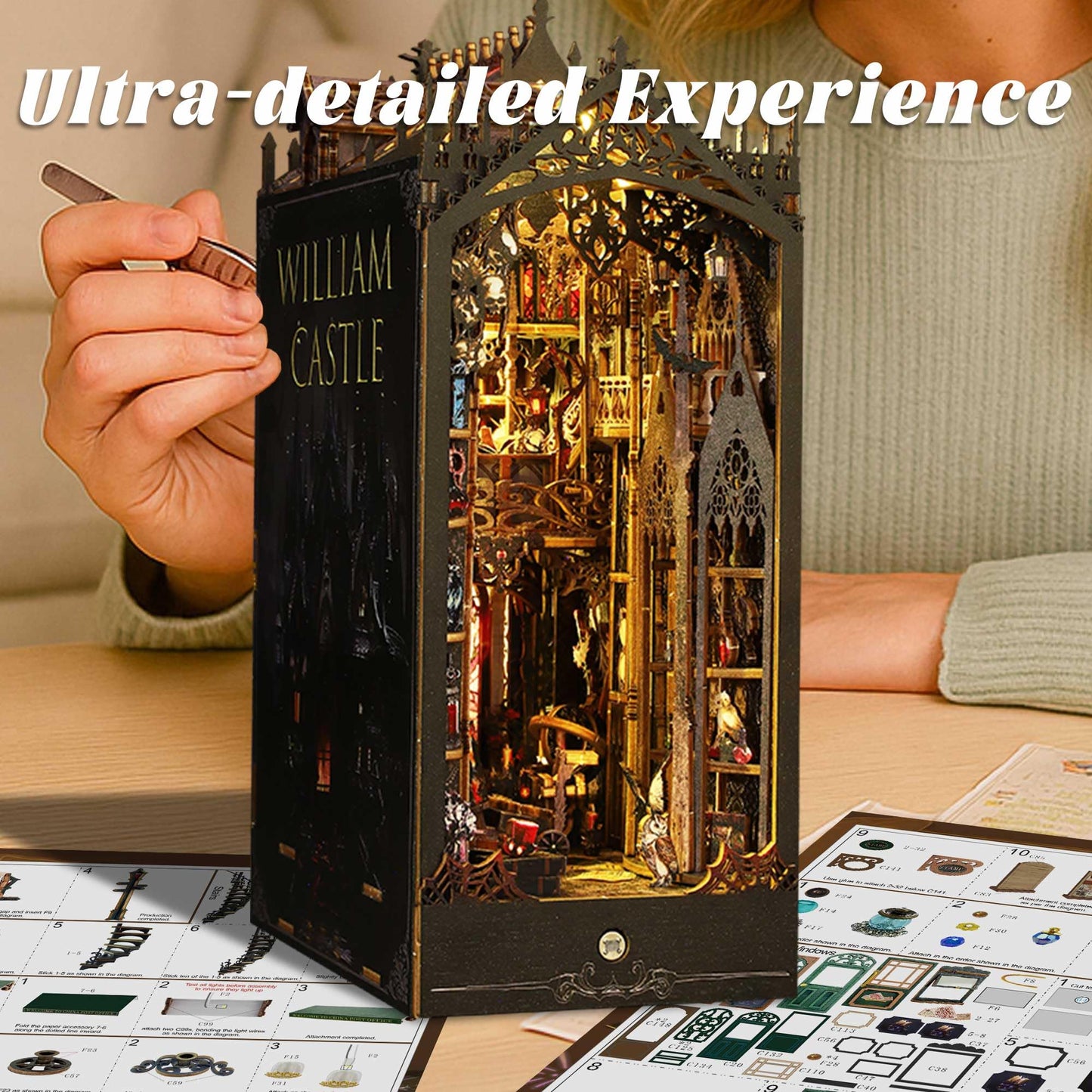 Flever DIY Dollhouse Booknook Kit with LED Light – 3D Wooden Puzzle for Bookshelves (William Castle)