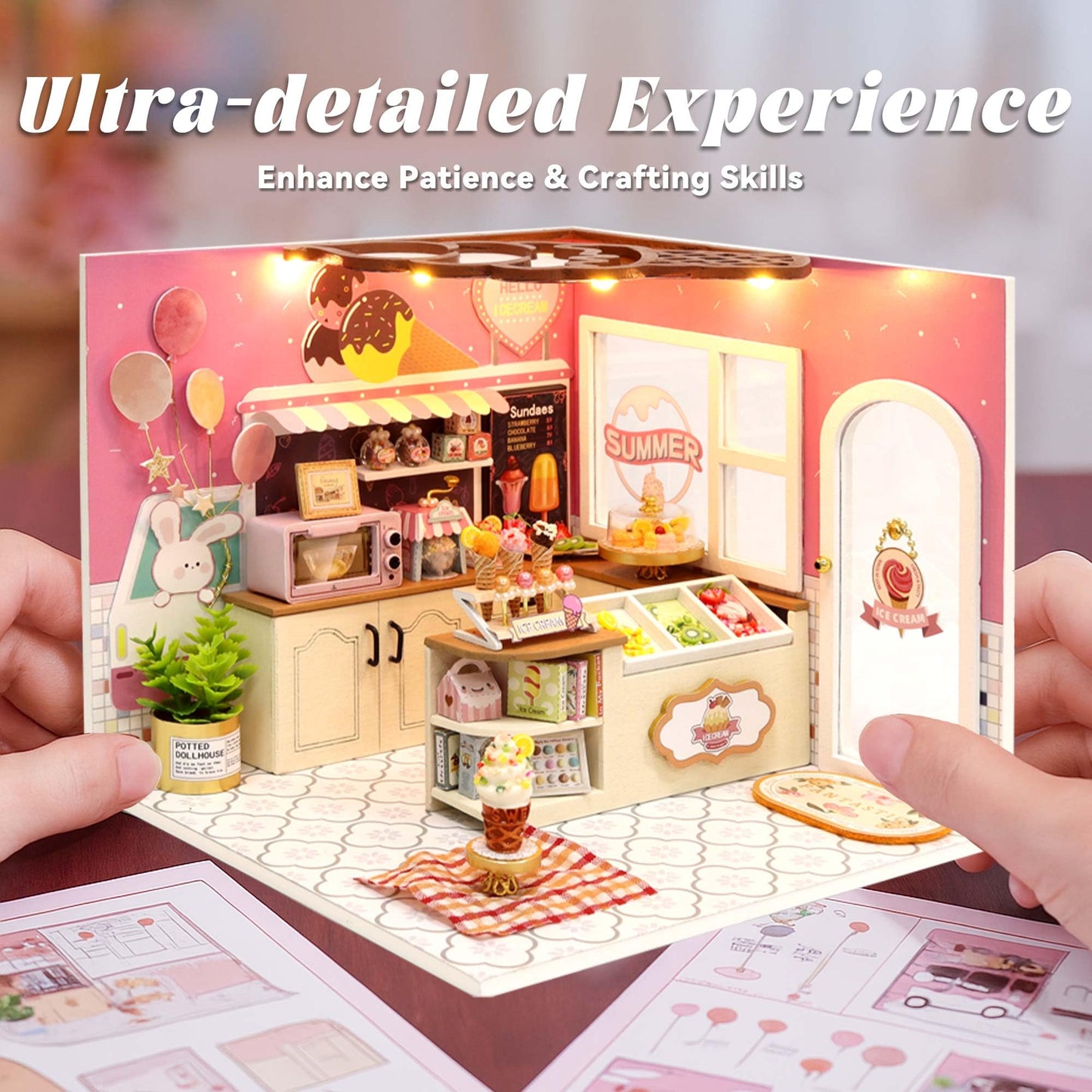 Flever DIY Miniature House Kit with LED Light - Happiness Ice Cream Shop Edition
