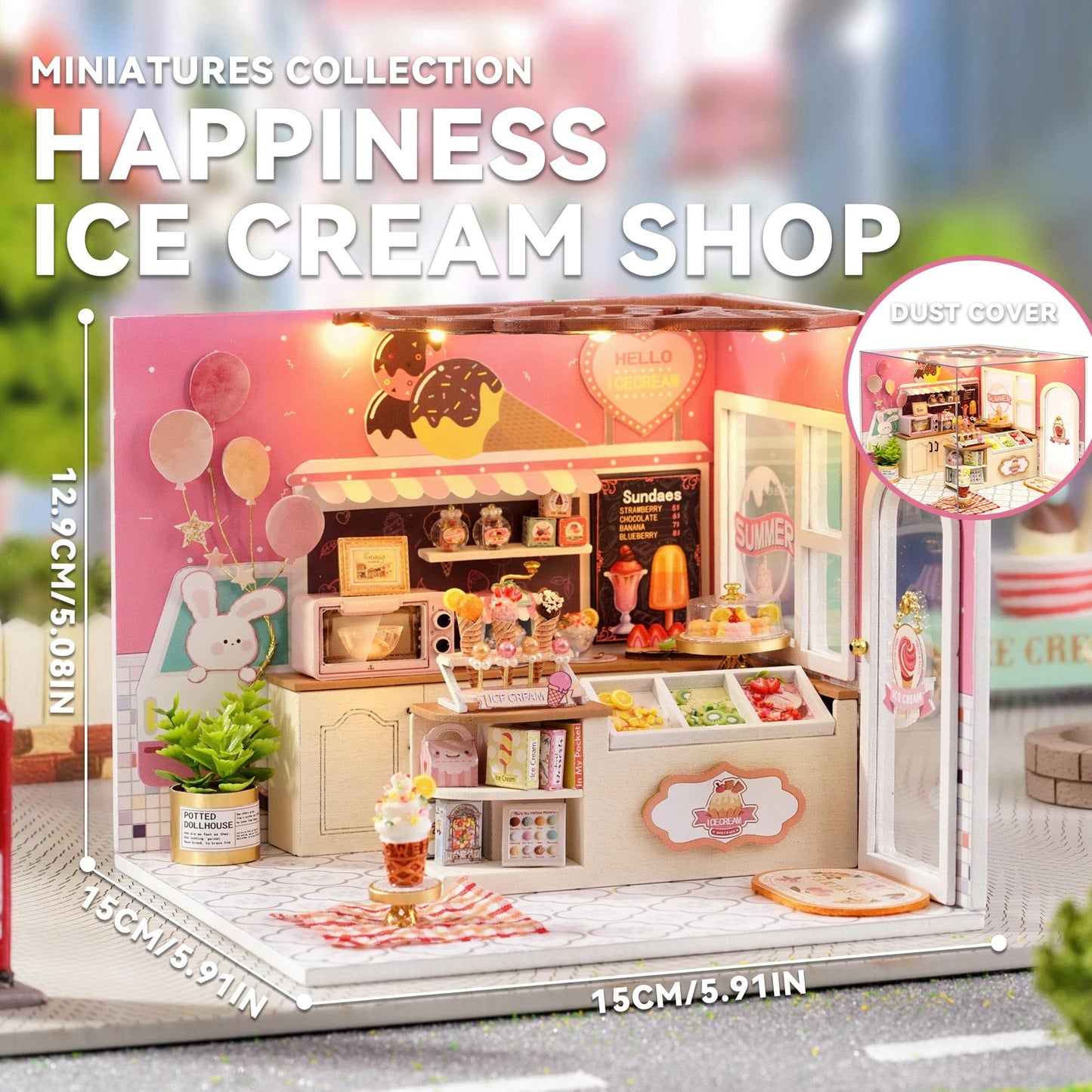 Flever DIY Miniature House Kit with LED Light - Happiness Ice Cream Shop Edition