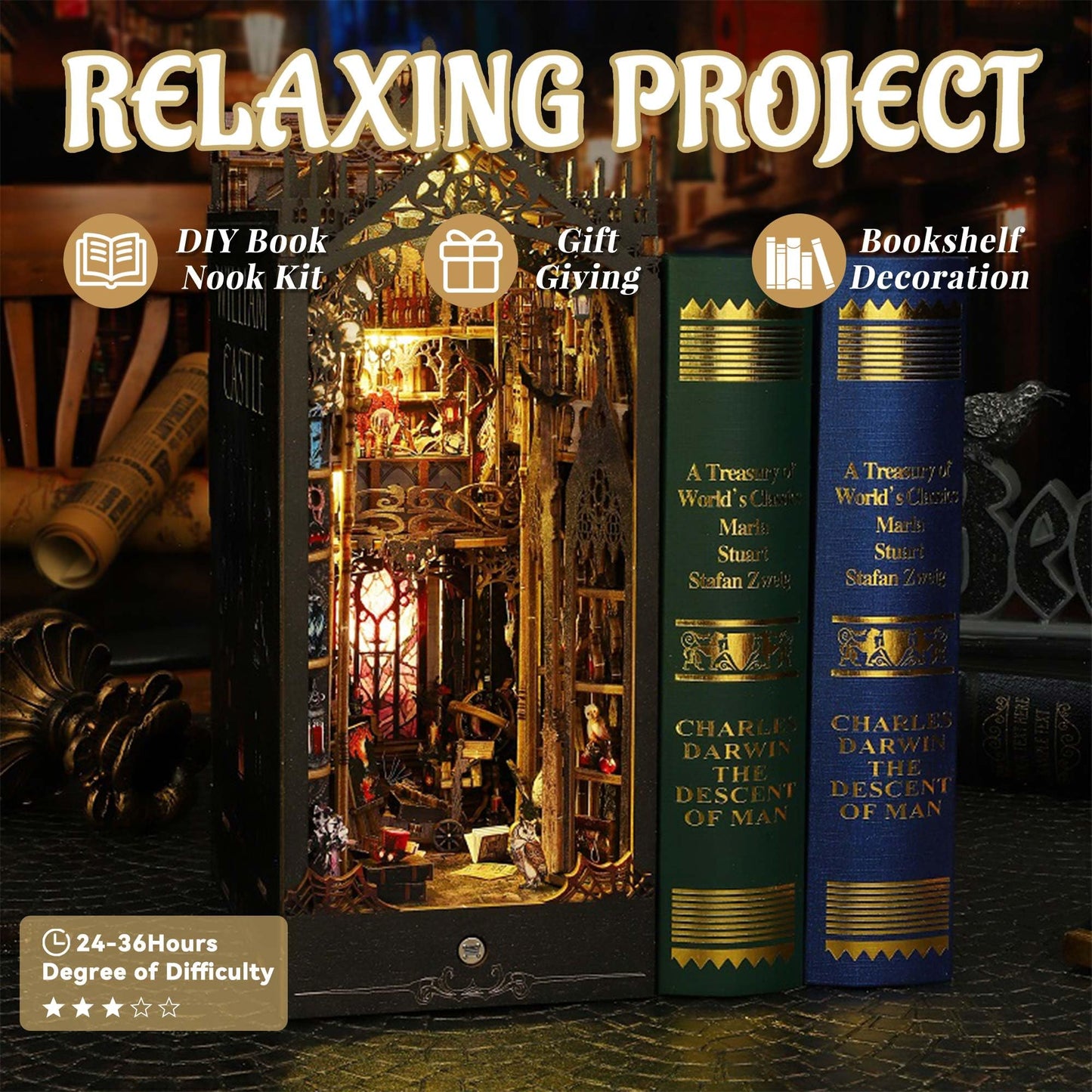 Flever DIY Dollhouse Booknook Kit with LED Light – 3D Wooden Puzzle for Bookshelves (William Castle)