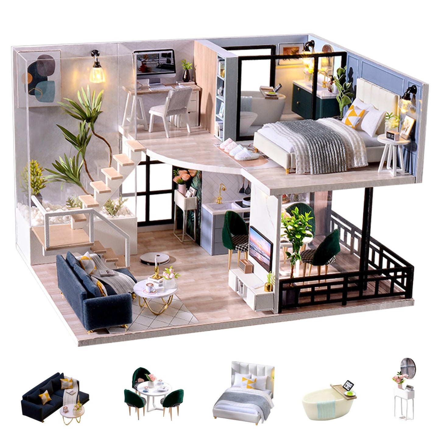 Flever Wooden DIY House Kit – Miniature Dollhouse with Furniture & Lights