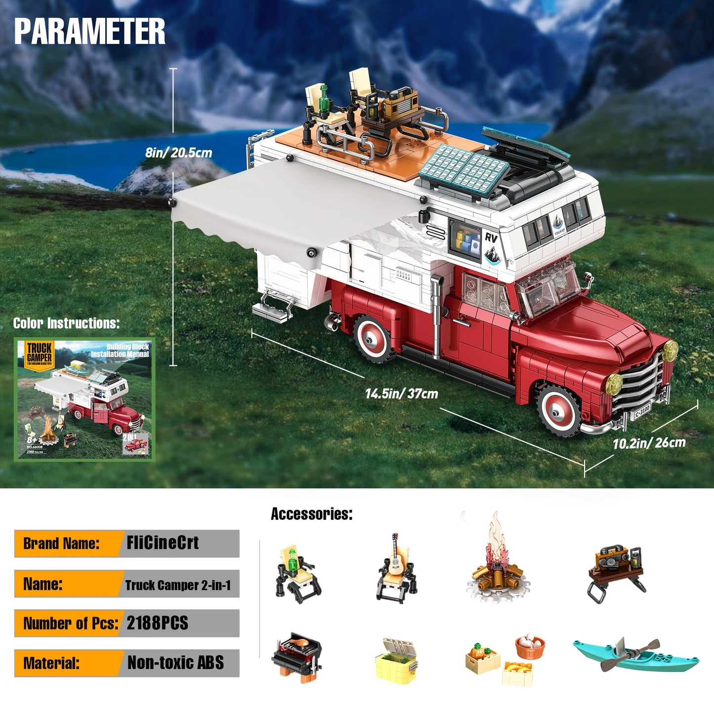 FliCineCrt Car Building Block – 2-in-1 Camper Van & Farm Pickup Truck Set, 2188 pcs