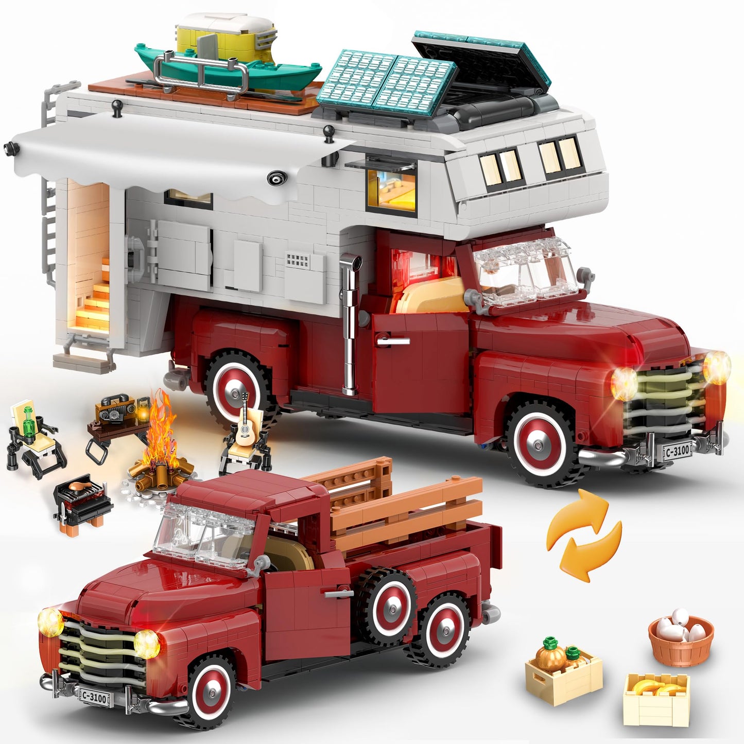 FliCineCrt Car Building Block – 2-in-1 Camper Van & Farm Pickup Truck Set, 2188 pcs