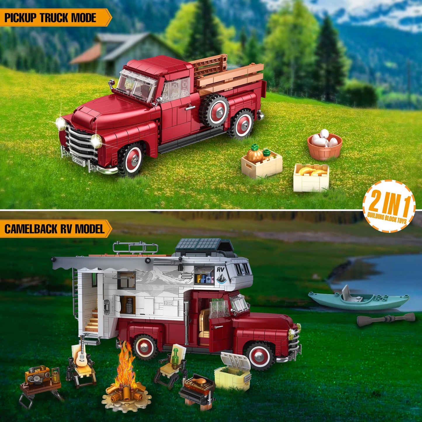 FliCineCrt Car Building Block – 2-in-1 Camper Van & Farm Pickup Truck Set, 2188 pcs