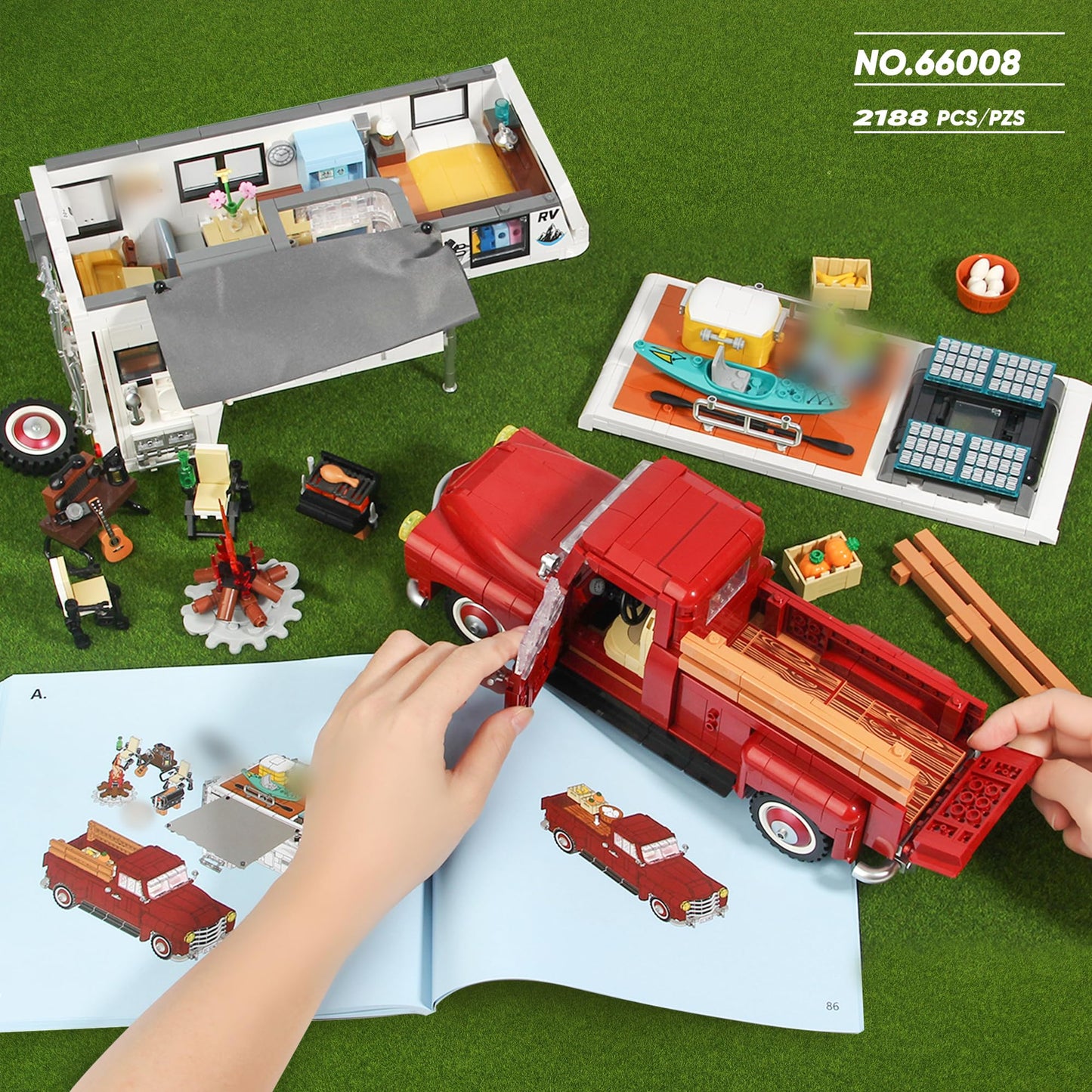 FliCineCrt Car Building Block – 2-in-1 Camper Van & Farm Pickup Truck Set, 2188 pcs