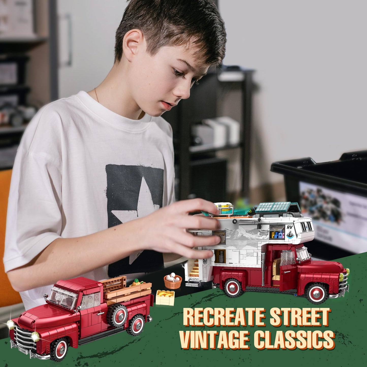 FliCineCrt Car Building Block – 2-in-1 Camper Van & Farm Pickup Truck Set, 2188 pcs
