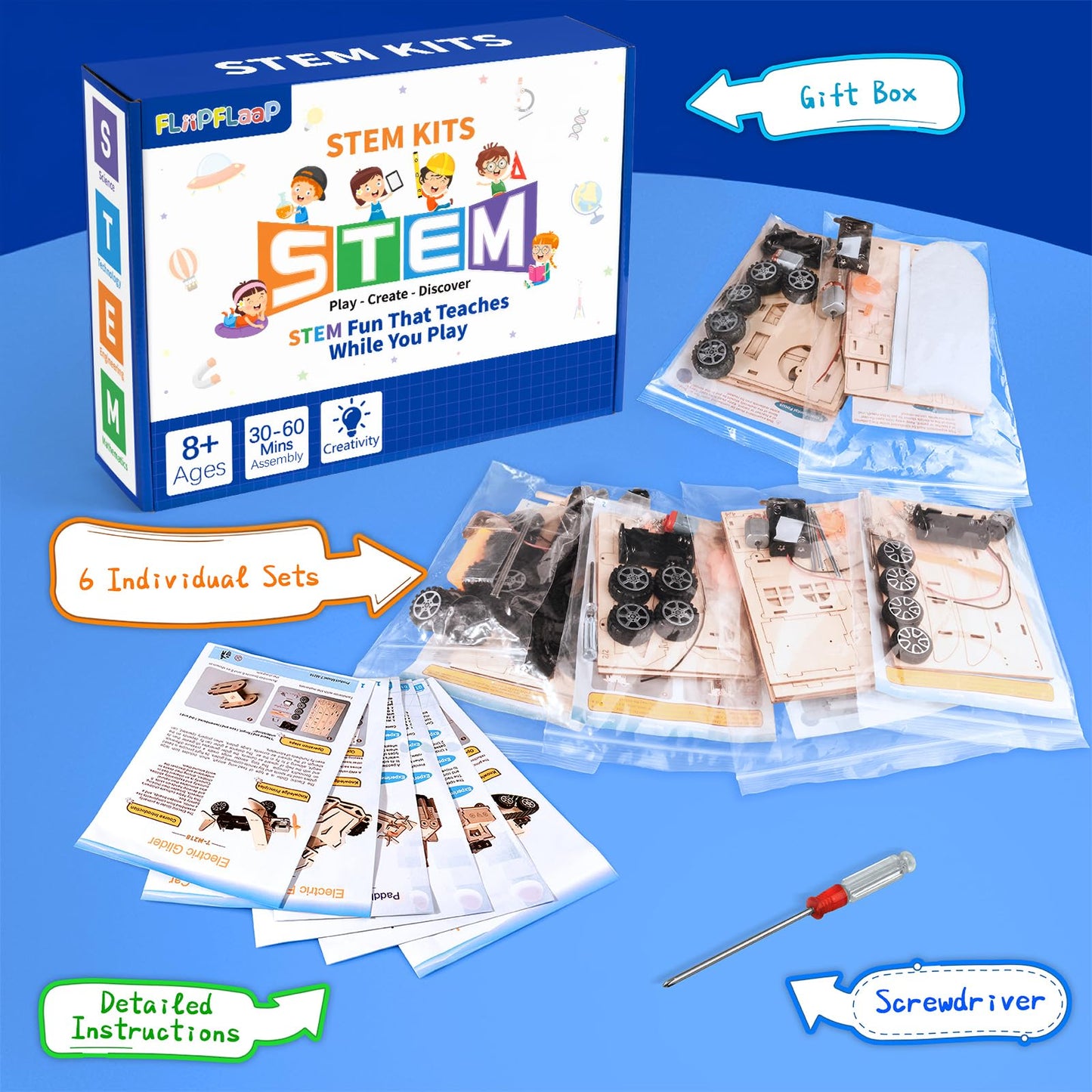 FliipFlaap 6-in-1 STEM Kit for Kids 8-12 – Wooden Building & Science Experiments