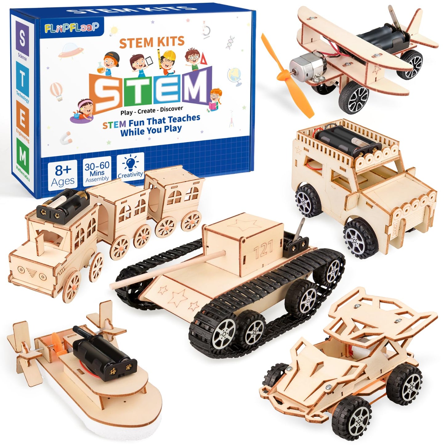 FliipFlaap 6-in-1 STEM Kit for Kids 8-12 – Wooden Building & Science Experiments