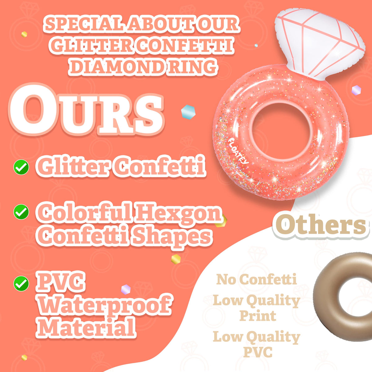 Floatey XtraLarge Diamond Ring Pool Float – Rose Gold with Glitter Confetti for Bachelorette Parties
