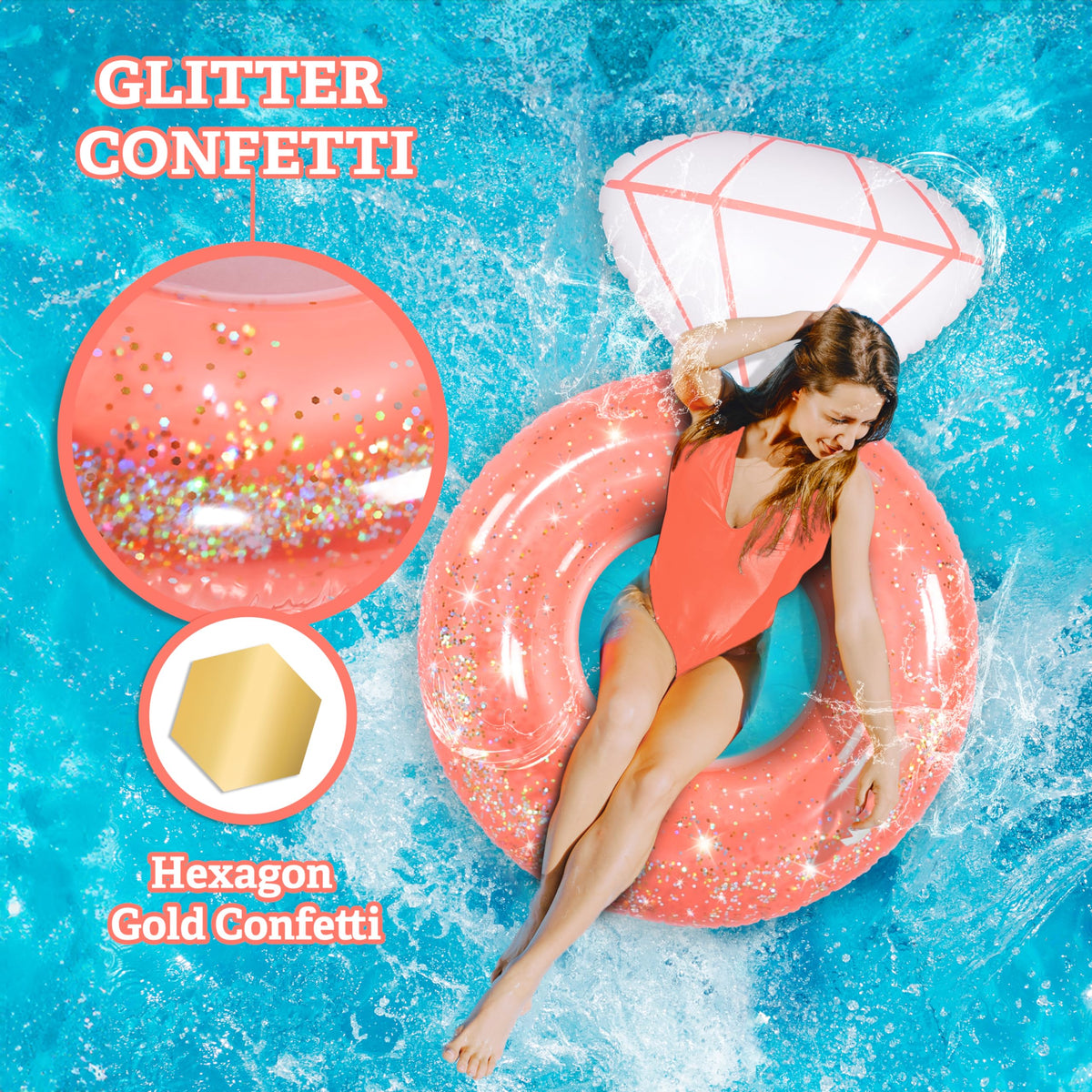 Floatey XtraLarge Diamond Ring Pool Float – Rose Gold with Glitter Confetti for Bachelorette Parties