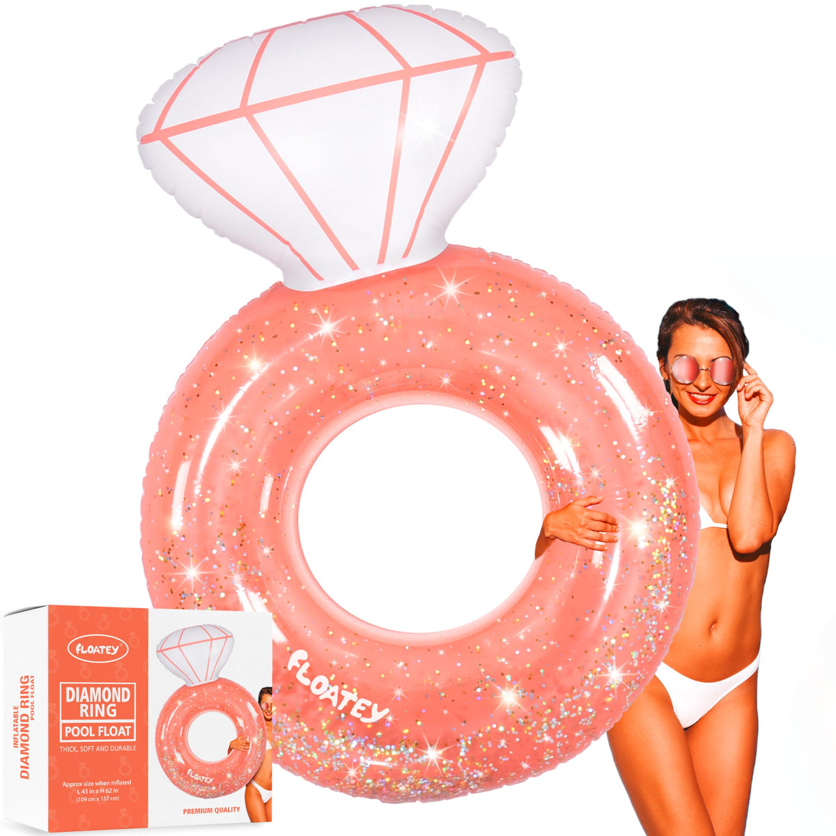 Floatey XtraLarge Diamond Ring Pool Float – Rose Gold with Glitter Confetti for Bachelorette Parties