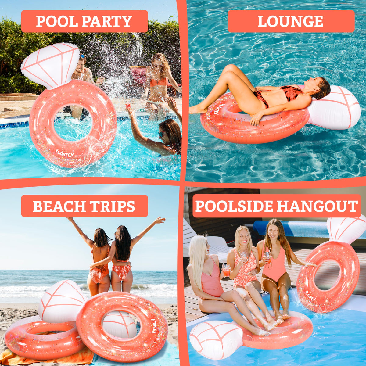Floatey XtraLarge Diamond Ring Pool Float – Rose Gold with Glitter Confetti for Bachelorette Parties
