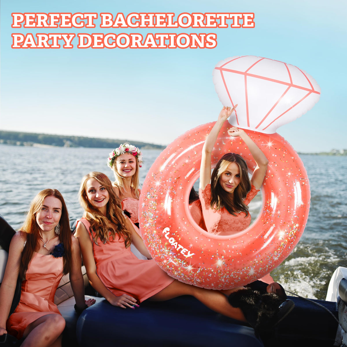 Floatey XtraLarge Diamond Ring Pool Float – Rose Gold with Glitter Confetti for Bachelorette Parties