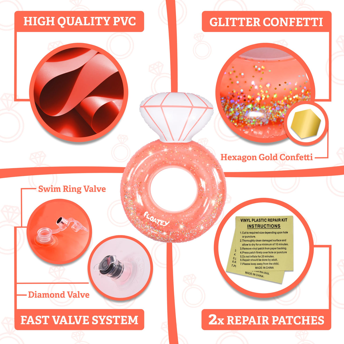 Floatey XtraLarge Diamond Ring Pool Float – Rose Gold with Glitter Confetti for Bachelorette Parties