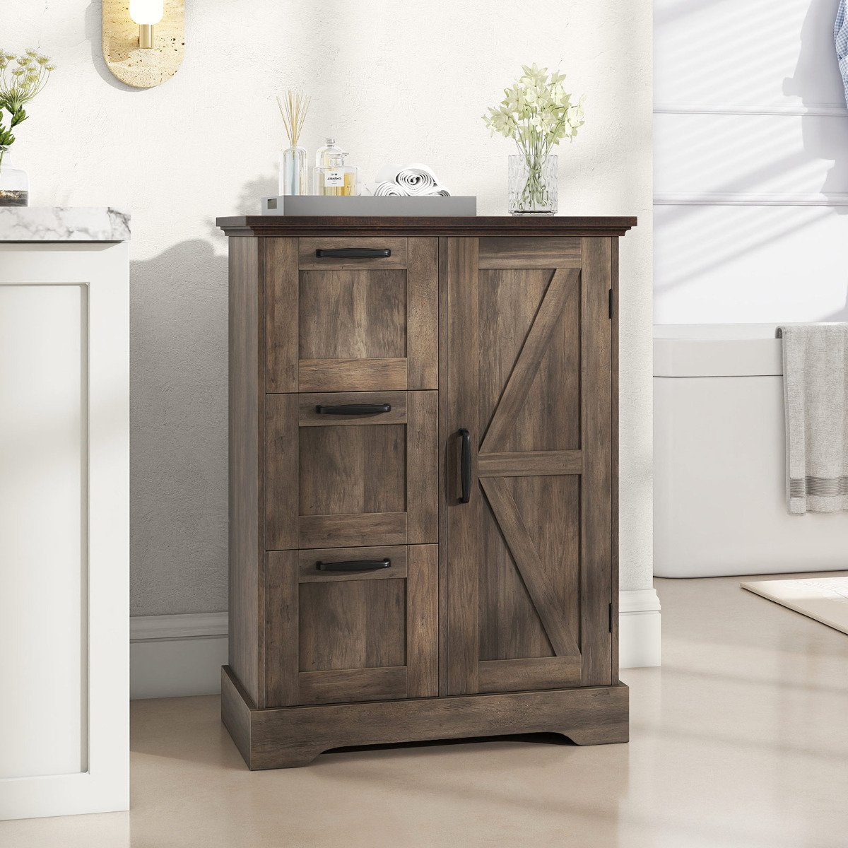 Floor Cabinet with Barn Door and 3 Storage Drawers-Rustic Oak