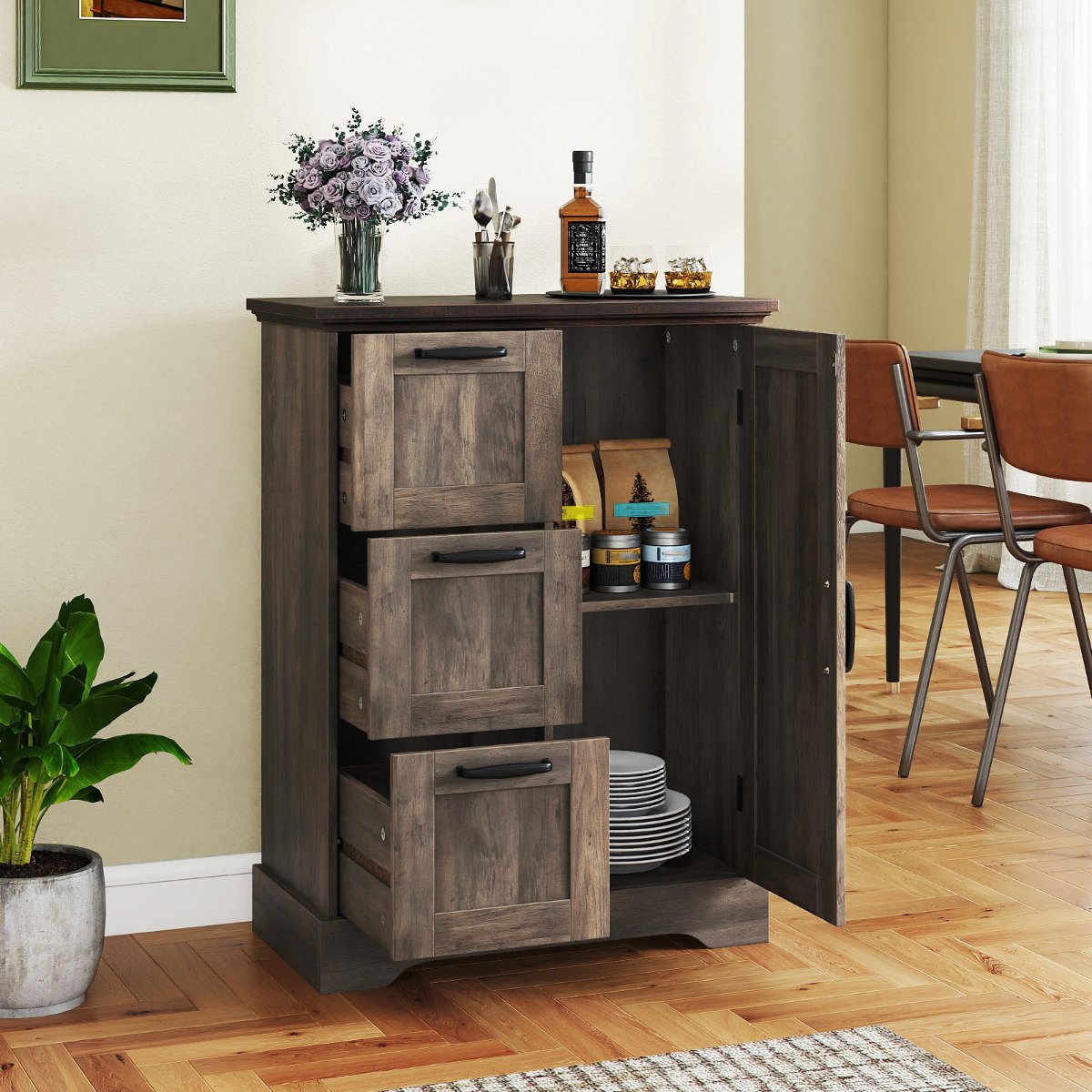 Floor Cabinet with Barn Door and 3 Storage Drawers-Rustic Oak