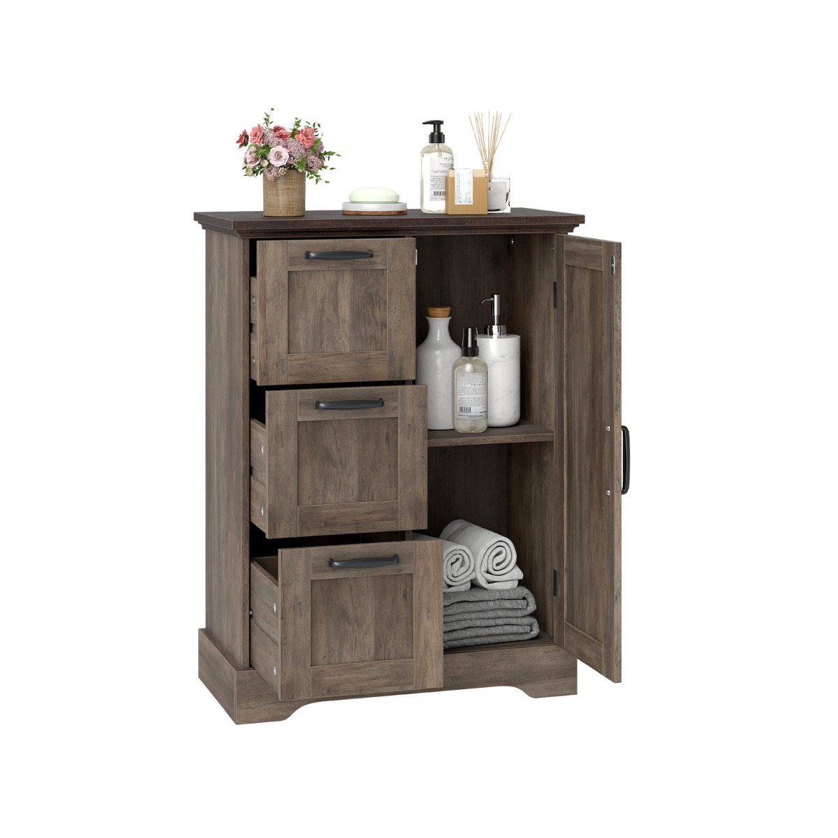 Floor Cabinet with Barn Door and 3 Storage Drawers-Rustic Oak
