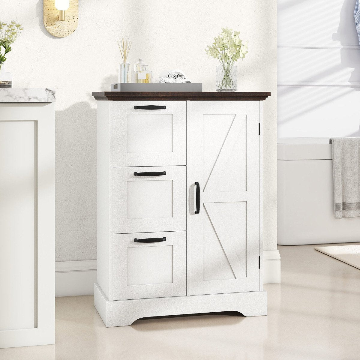 Floor Cabinet with Barn Door and 3 Storage Drawers-Rustic Oak