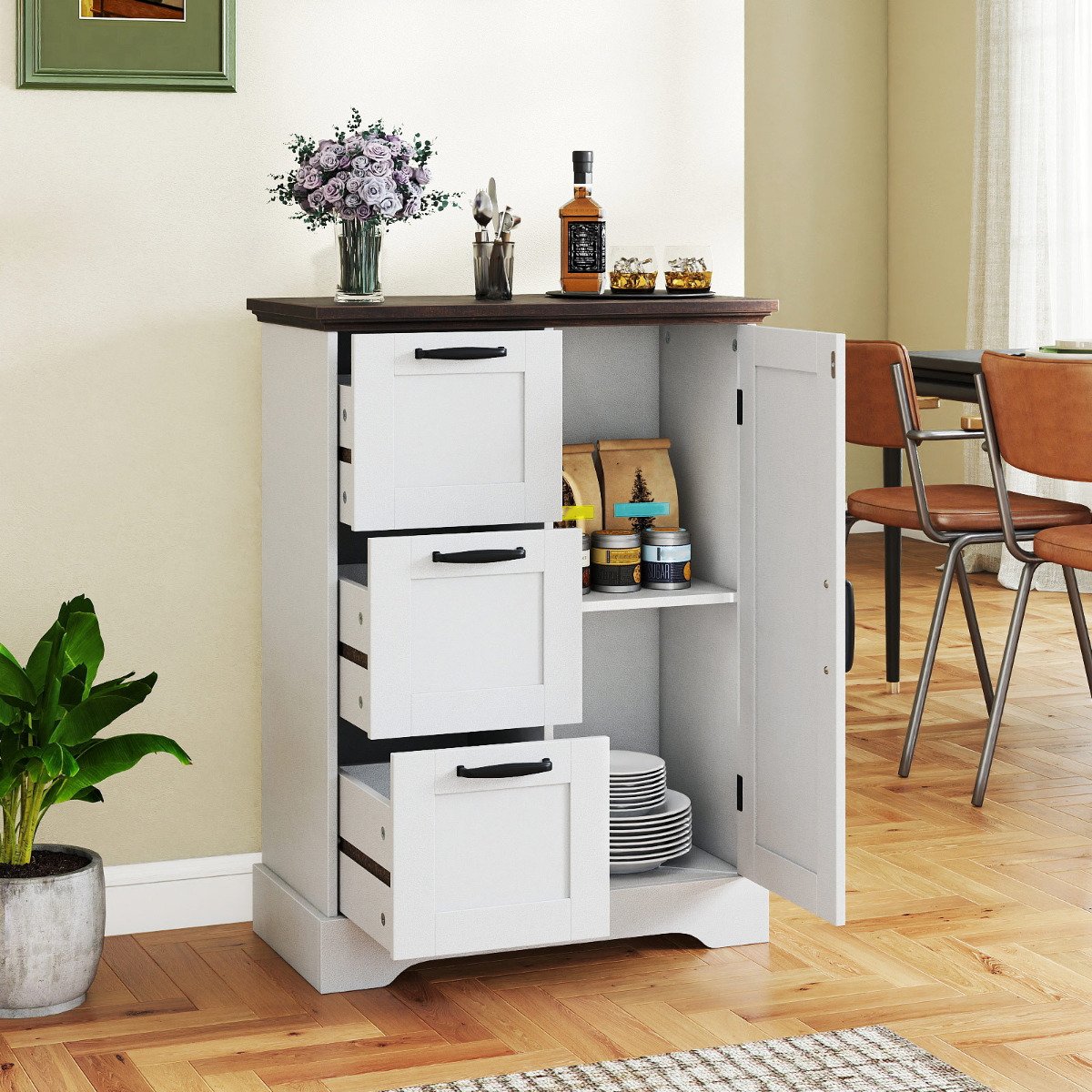 Floor Cabinet with Barn Door and 3 Storage Drawers-Rustic Oak