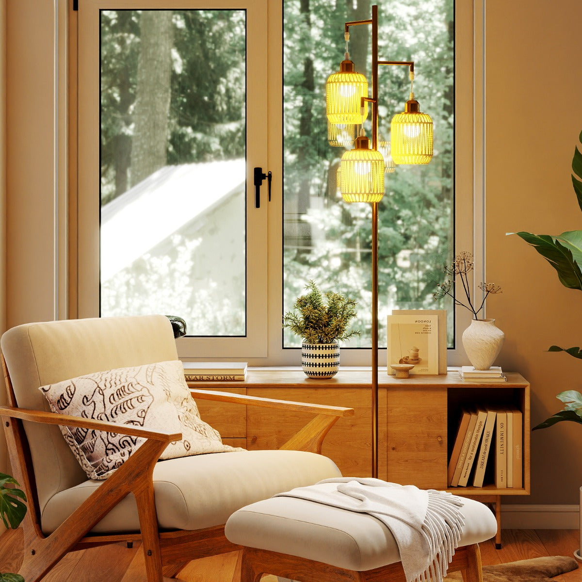 3-Light Floor Lamp with 3 Boho Paper Woven Lampshades and Weighted Base-Black