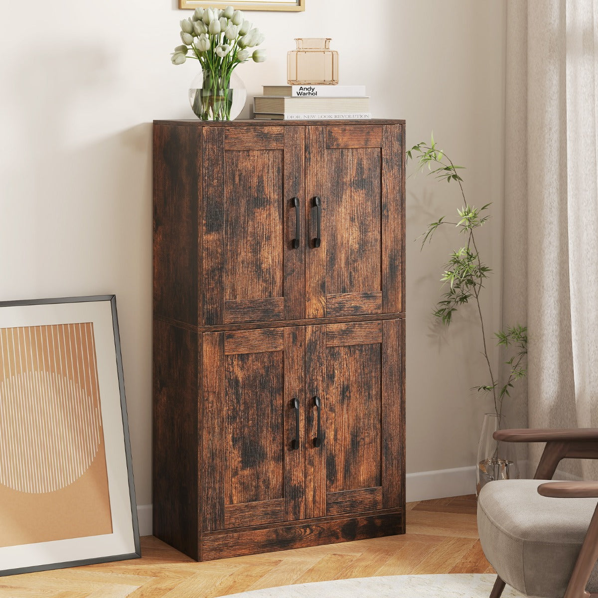 Floor Storage Cabinet with Doors and Adjustable Shelves-Black