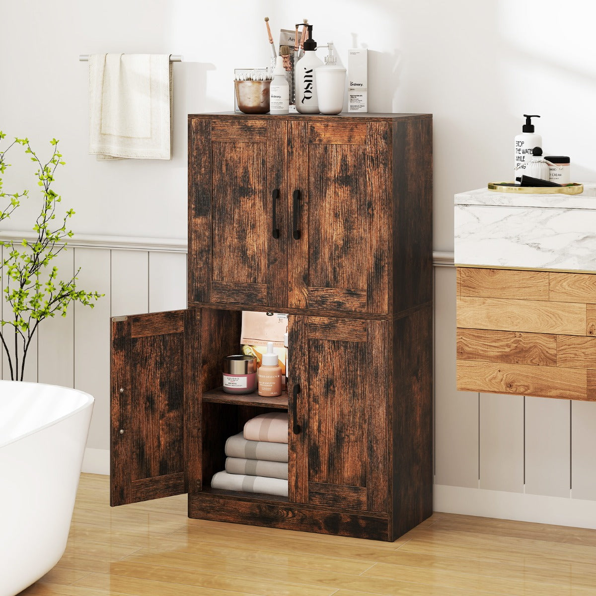 Floor Storage Cabinet with Doors and Adjustable Shelves-Black