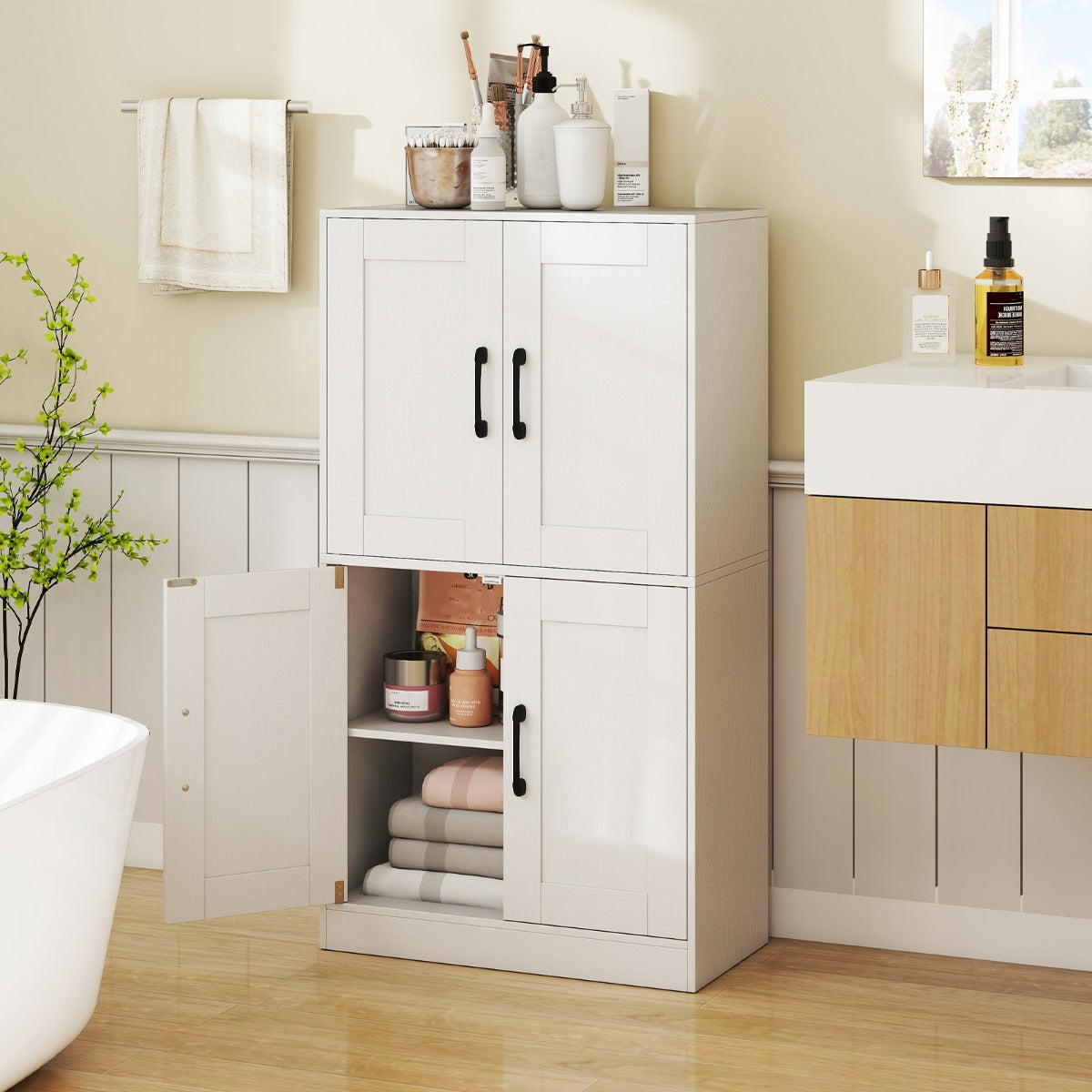 Floor Storage Cabinet with Doors and Adjustable Shelves-Black
