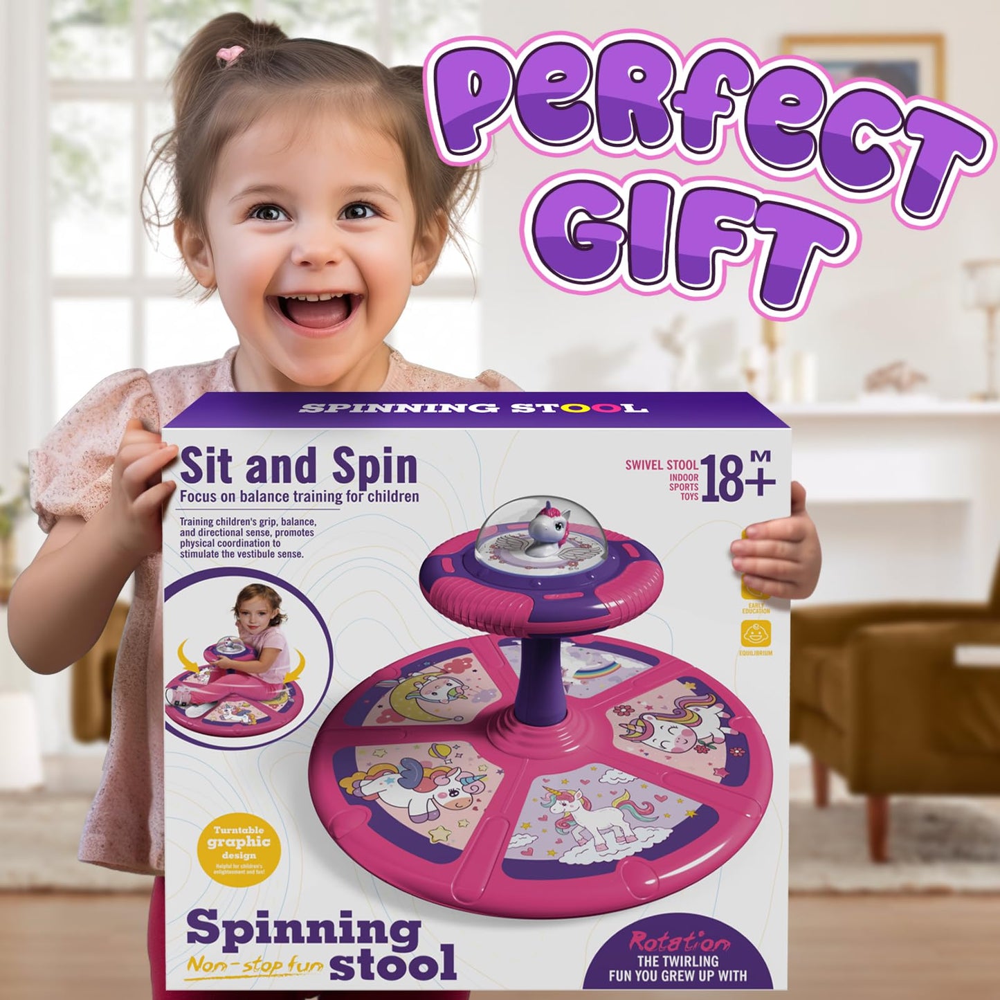 Flooyes Unicorn Sit and Spin Toy for Toddlers – LED Lights, Music, 360° Spin