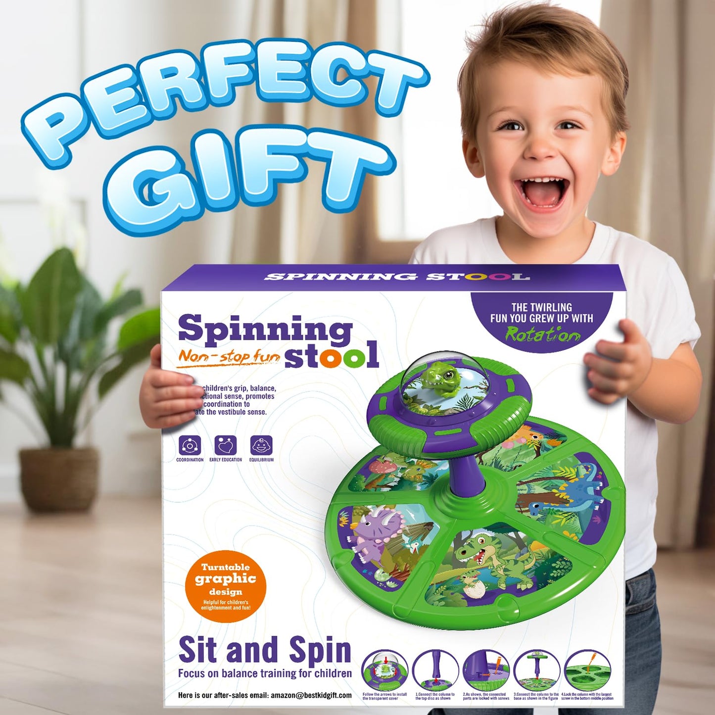 Flooyes Dinosaur Sit and Spin Toy for Toddlers – LED Lights, Music, 360° Spin | Gift for 1–4 Year Olds
