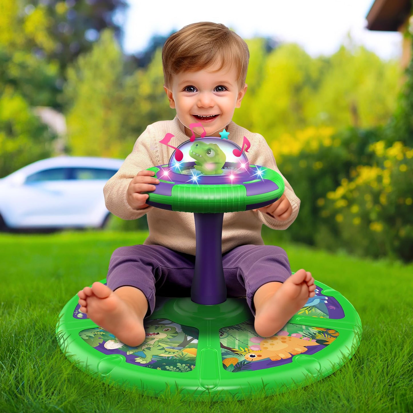 Flooyes Dinosaur Sit and Spin Toy for Toddlers – LED Lights, Music, 360° Spin | Gift for 1–4 Year Olds